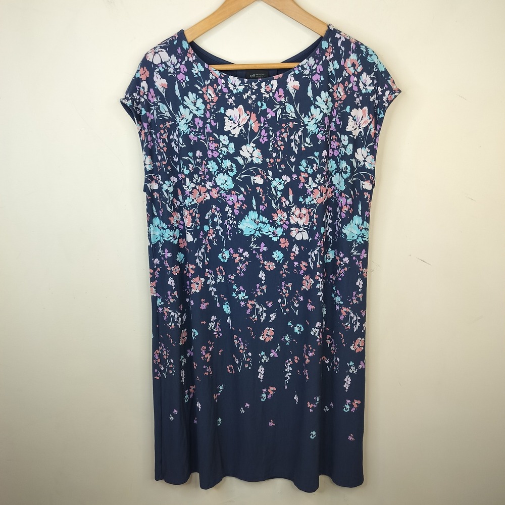 J. Jill Shift Dress Womens Large Floral Wearever Collection Casual Navy Blue